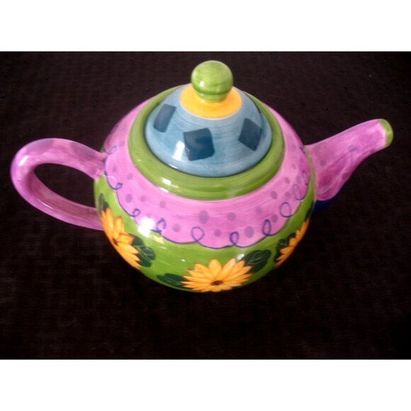 VTG Milson & Louis Hand Painted Ceramic Teapot Floral Design Green/Lavender/Blue - Picture 4 of 6
